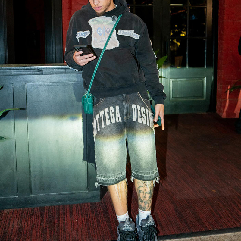 Streetwear Manufacturers Custom Embroidered Patch Logo Half Jorts Denim Raw Hem Cut Edge Distressed Men's Jeans Shorts