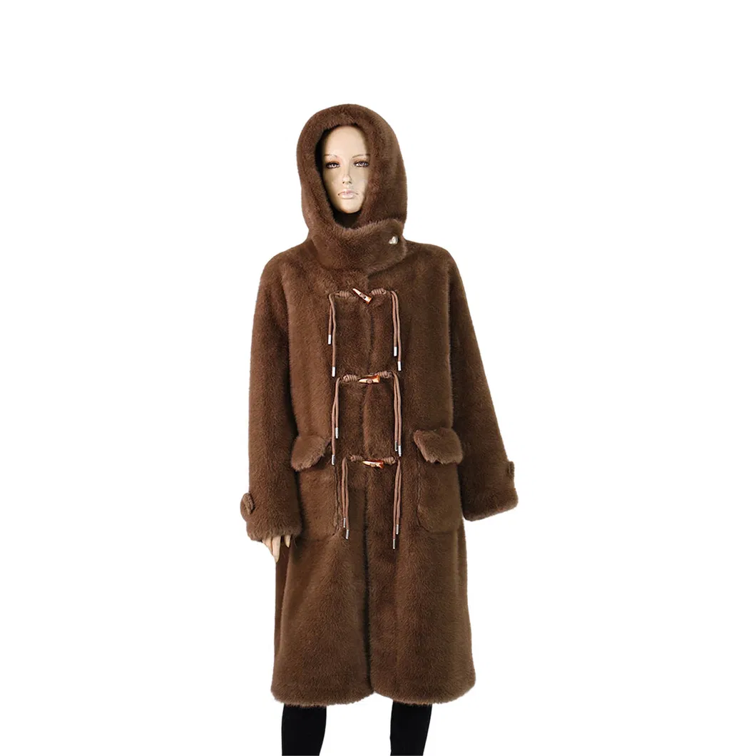 Brown Hooded Faux Mink Coat