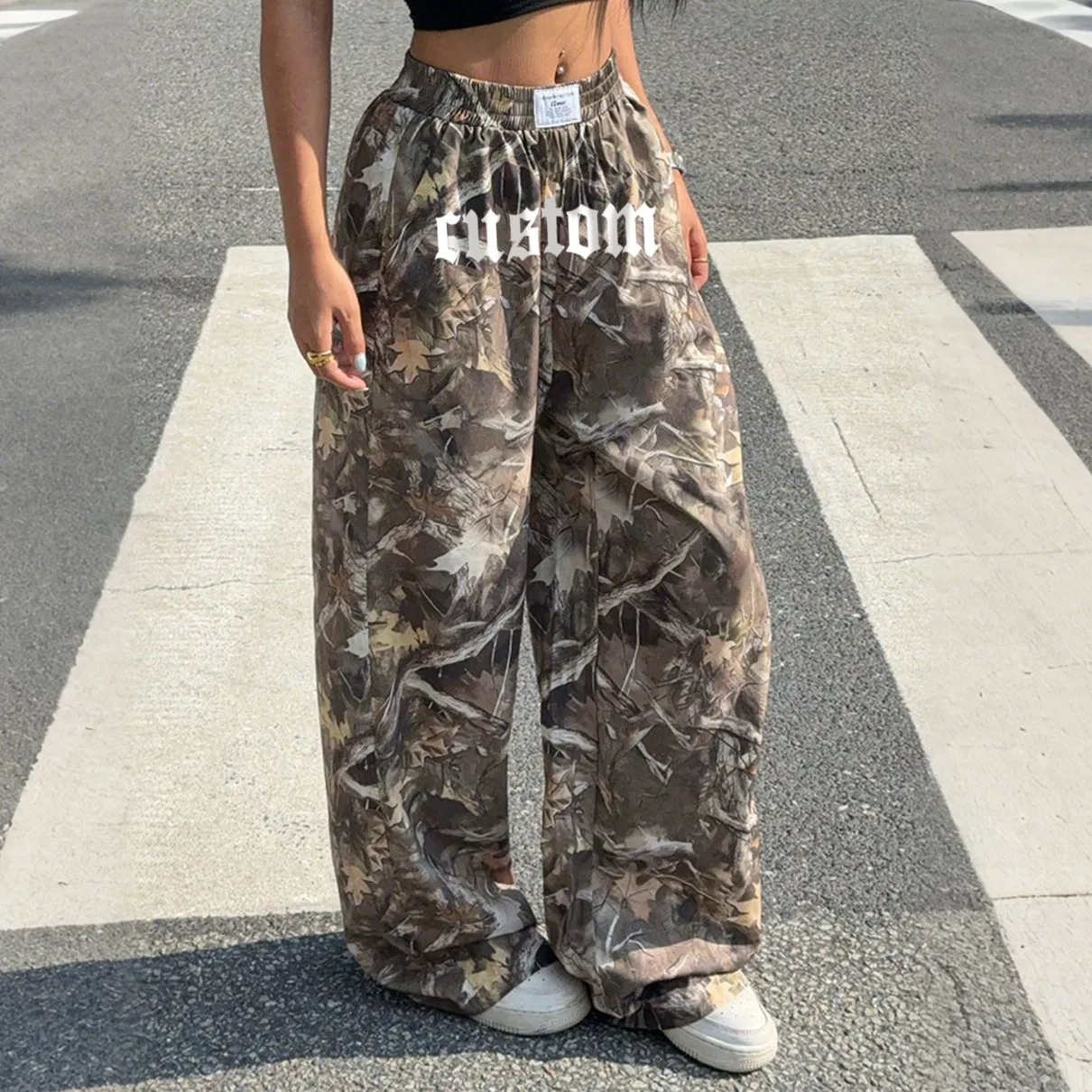 Wholesale OEM Custom Logo Y2K Fashion Loose Straight Leg Wide Jogger Track Sweat Pants Vintage Baggy French Terry Cotton Oversized Tree Camo Women Sweatpants