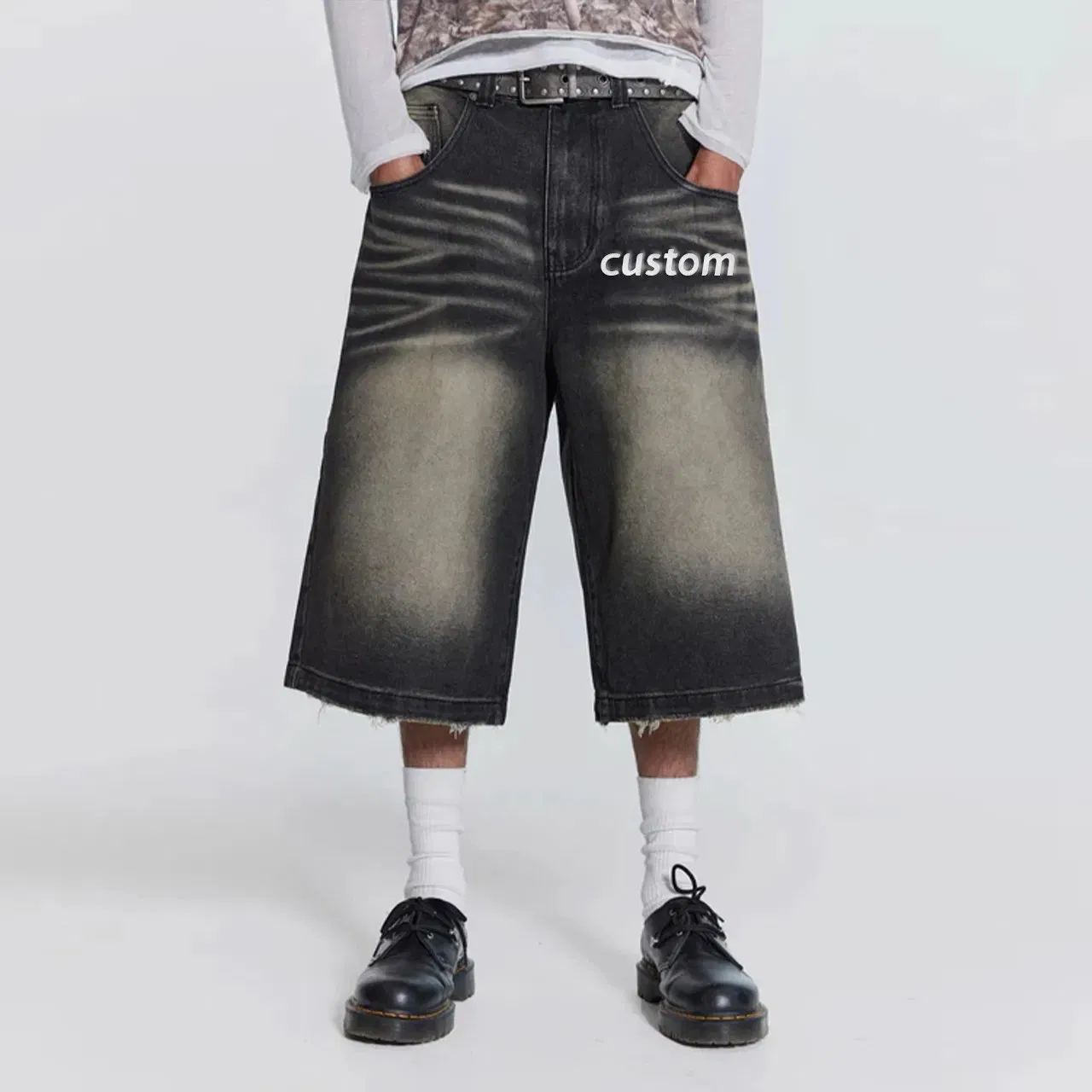 Carpenter Manufacturer Custom Logo Men′ S Acid Wash Baggy Jorts Distressed Embroidered Ripped Raw Hem Shorts
