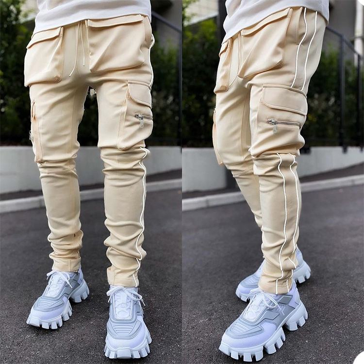 Custom Cargo Pants Reflective Stripe Joggers Streetwear Multi Pockets Logo Gym Jogging Track Pants Men