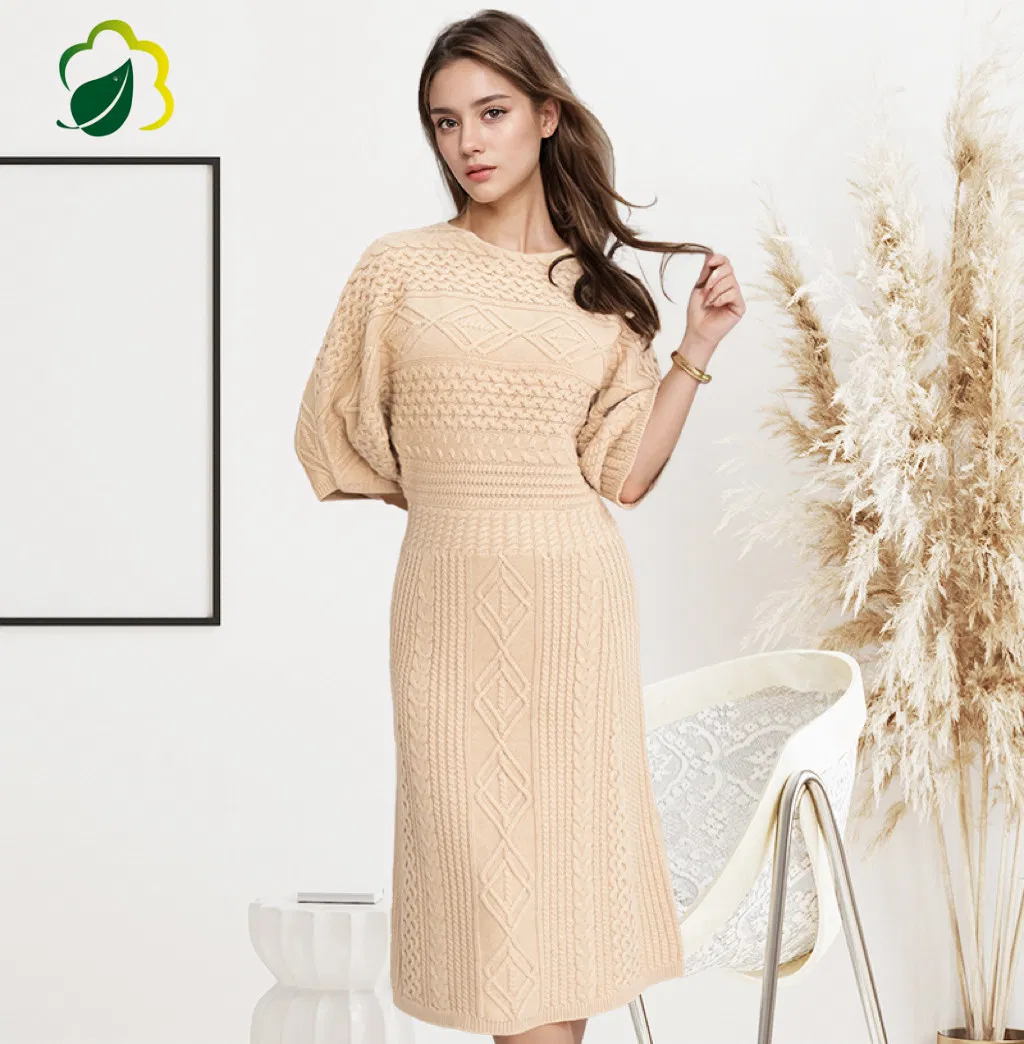 100% Cotton Slim-Fit Women's Knitted Long Classy Sweater Dress Custom Casual Crewneck Sweater Dresses