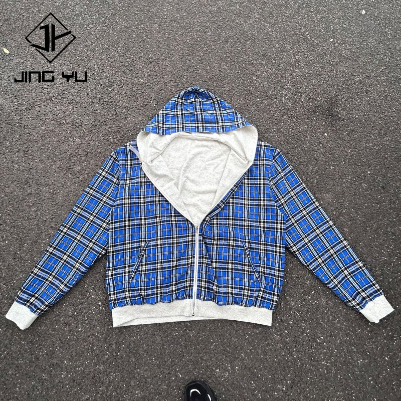 Zip up Hoodie Custom Big Oversized Boxy Patchwork Double- Layered Reversible Plaid Print Pattern Jacket French Terry Hoodies