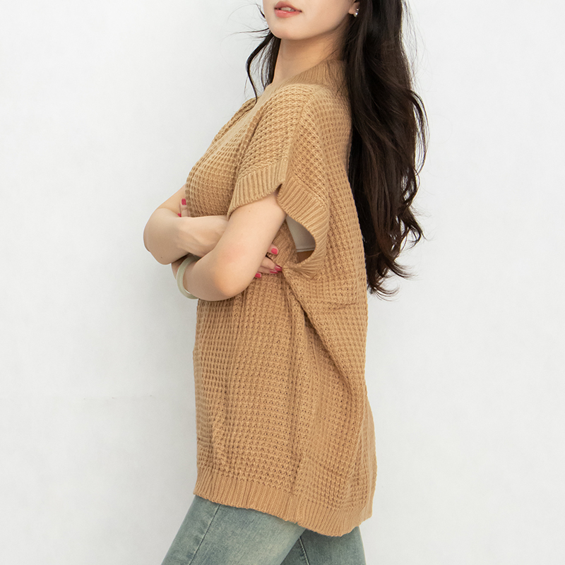 Custom Logo Crewneck Lightweight Knit Top Sweater Women's Crew Neck Batwing Short Sleeve Pullover