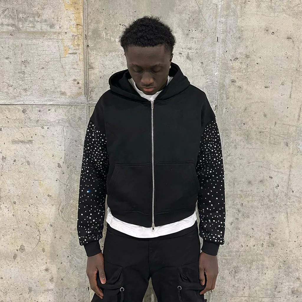 Men's Hoodies Rhinestone Full Zip up 100% Cotton Oversize Printing Custom Hoodies Manufacturers Heavyweight Hoodie for Men