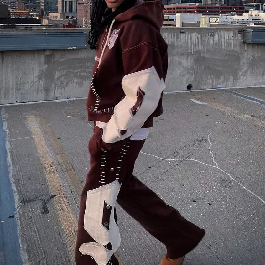 Custom Heavyweight Vintage Flared Sweatpants Streetwear Jogging Set Distressed Applique Embroidery Acid Wash Zip up Men's Hoodies Tracksuit