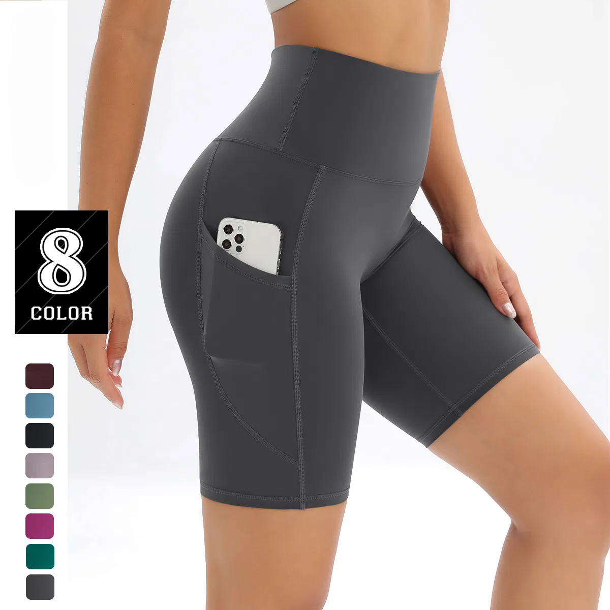 Tianchen Manufacturer Wholesales Eamless Front High Waist Sports Shorts with Pockets, Custom Butt Lift Running Tights Biker Workout Yoga Shorts Fitness Wear