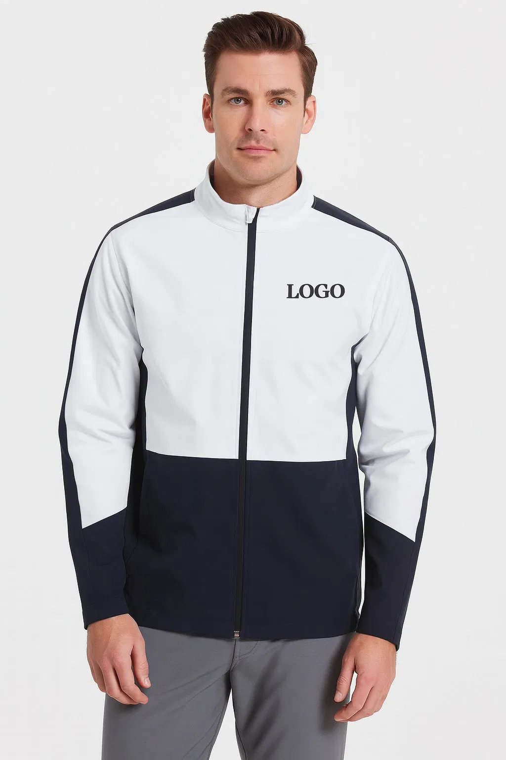 Custom Print Men's Softshell Golf Outerwear Comfortable Grey Sports Jacket Stand Collar Zip Plain Softshell Coat Manufacturer