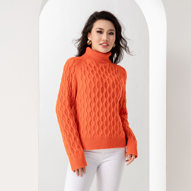 Wholesale Knitwear Pullover Custom Logo Winter Knit Chunky Cable Jumper Loose Pullover Women Wool Turtleneck Sweater