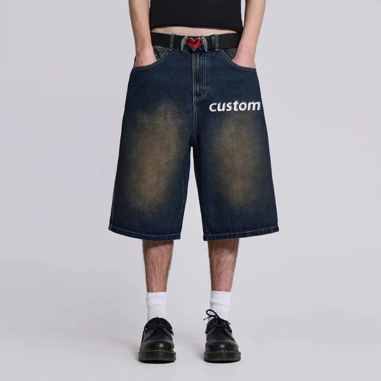 Carpenter Manufacturer Custom Logo Men′ S Acid Wash Baggy Jorts Distressed Embroidered Ripped Raw Hem Shorts