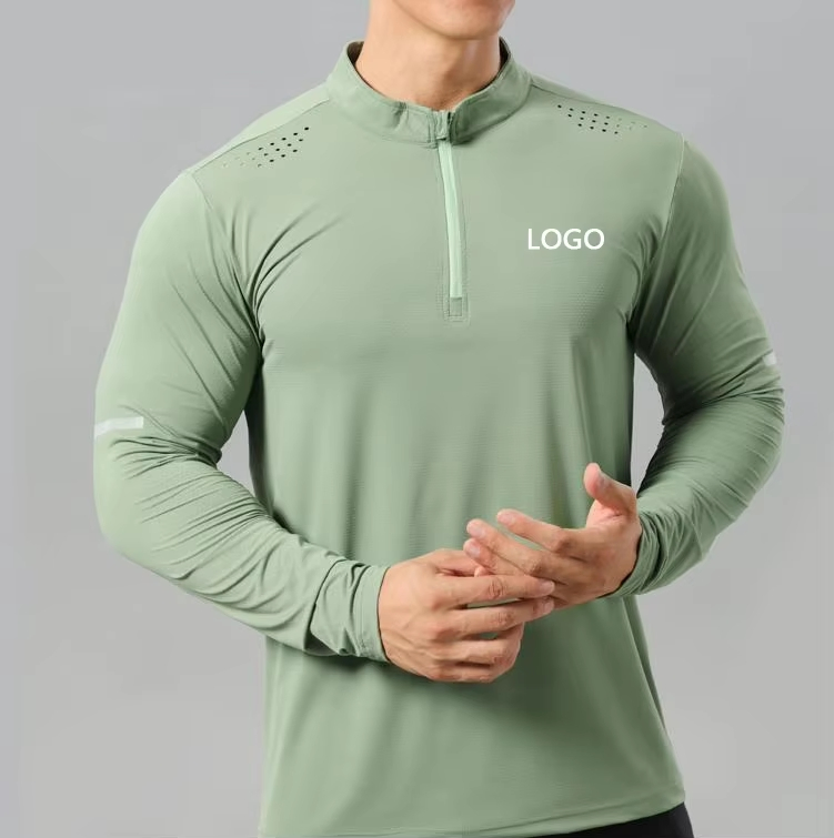 Manufacturer Hight Elastic Breathable Quick Dry Polyester Long Sleeve Zipper Tops Running Gym Custom T Shirt Men's T-Shirts