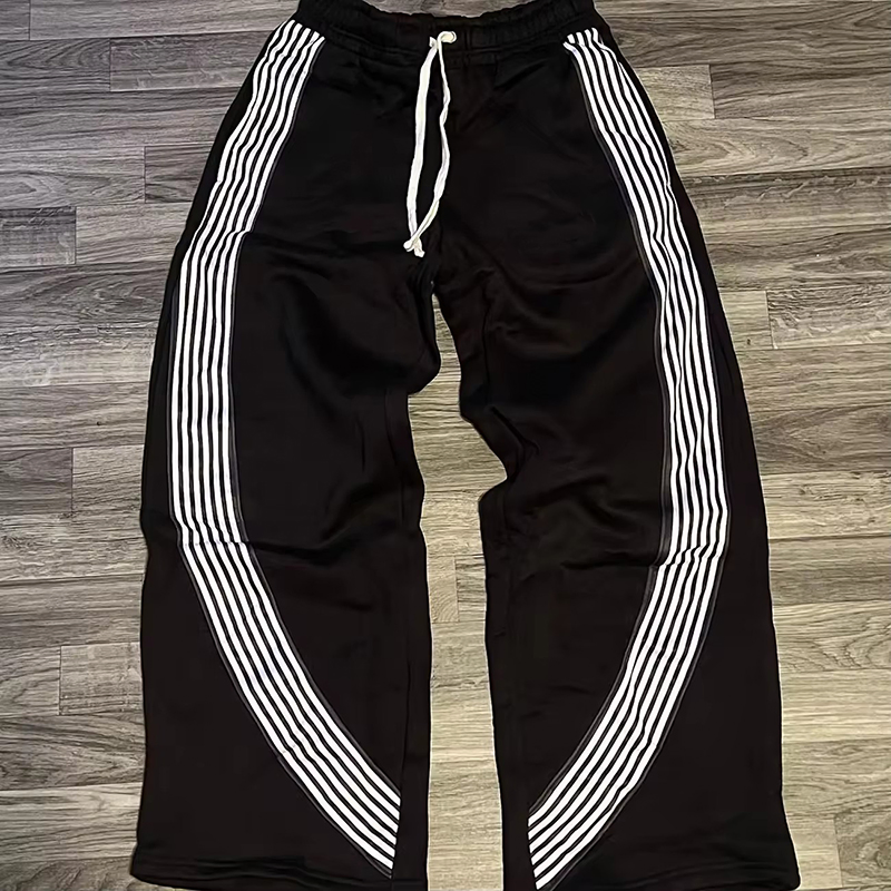 Wholesale Custom Logo Manufacturer Men Knitted Sweatpants Street Wear Casual Pants Drawstring Waist Stripe Wide Leg Pants