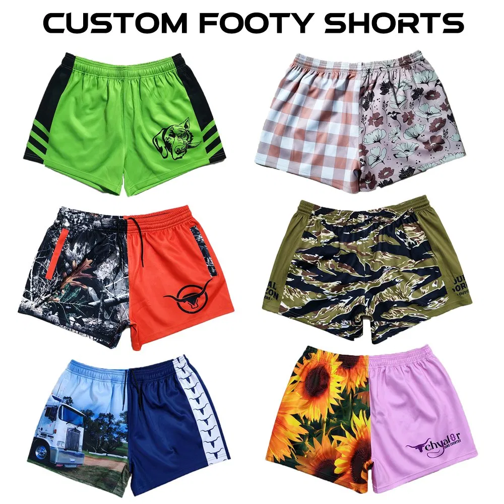 Custom Wholesale High Quality Adult Kid Polyester Spandex Quick Dry Australia Country Farm Hunting Fishing Outdoor Zipper Zip Pocket Rugby Football Footy Shorts