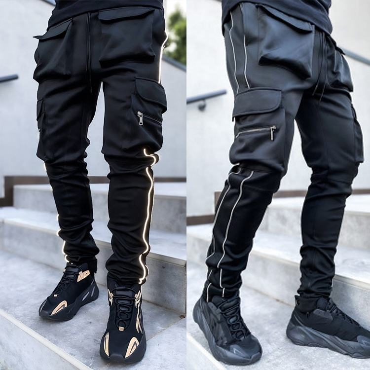 Custom Cargo Pants Reflective Stripe Joggers Streetwear Multi Pockets Logo Gym Jogging Track Pants Men