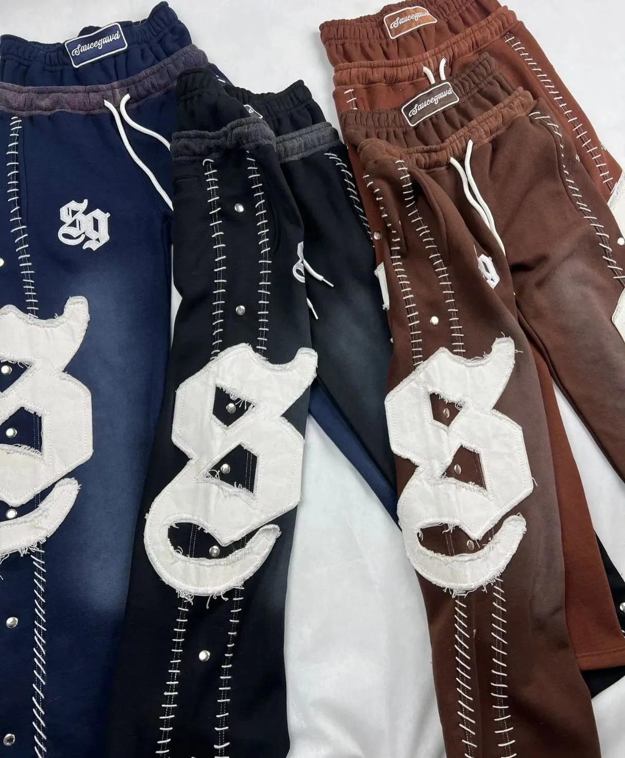 Custom Heavyweight Vintage Flared Sweatpants Streetwear Jogging Set Distressed Applique Embroidery Acid Wash Zip up Men's Hoodies Tracksuit