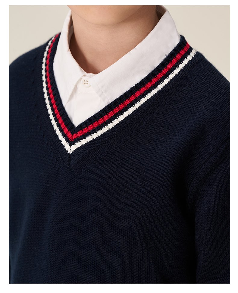 Custom School Child Clothing Kids Navy Blue V-Neck Sweater Baby School Navy Sweater Pullover Uniforms