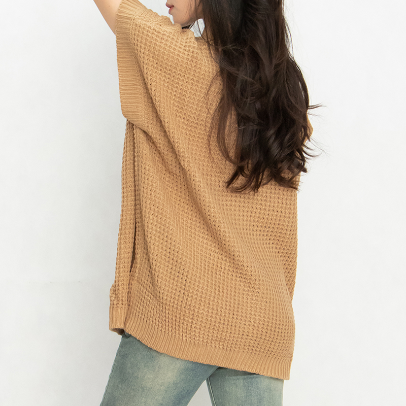 Custom Logo Crewneck Lightweight Knit Top Sweater Women's Crew Neck Batwing Short Sleeve Pullover