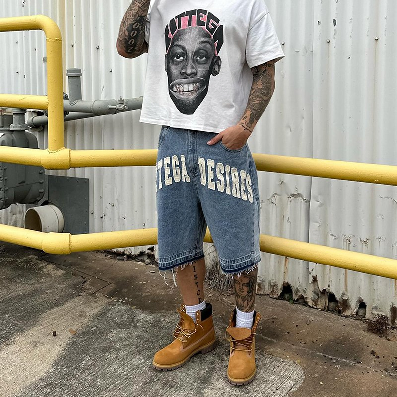 Streetwear Manufacturers Custom Embroidered Patch Logo Half Jorts Denim Raw Hem Cut Edge Distressed Men's Jeans Shorts