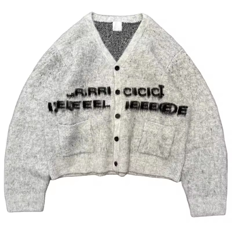 Manufacturers Knitwear Jacquard Sweaters Custom Logo Cardigan Fuzzy Loose Fit Knitted Cardigan Sweater for Men