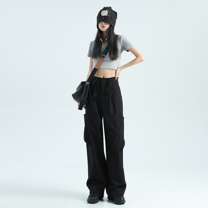 Custom Logo OEM Manufacturer Pocket High Waist Streetwear Baggy Denim Ladies Long Parachute Cargo Pant for Women Overall Trouser