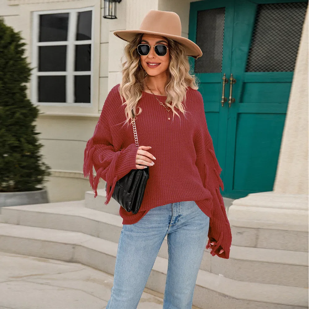 OEM Manufacturer Custom Winter Plain Tassel Women Pullover Knitted Sweater