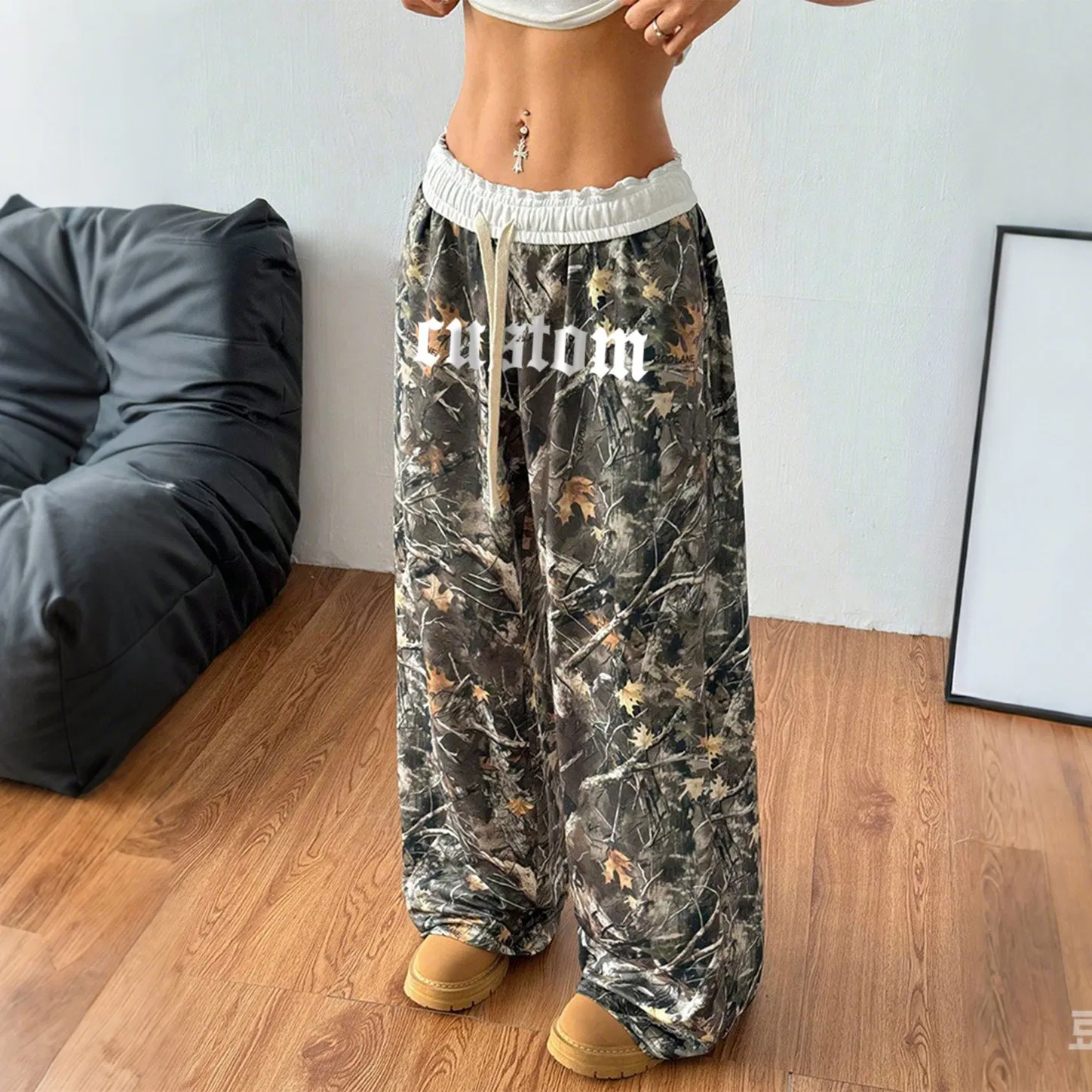 Wholesale OEM Custom Logo Y2K Fashion Loose Straight Leg Wide Jogger Track Sweat Pants Vintage Baggy French Terry Cotton Oversized Tree Camo Women Sweatpants