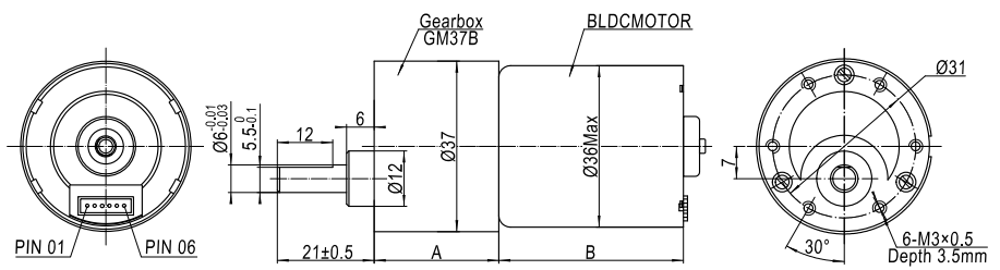 GM37 Motor Type Outline Drawing