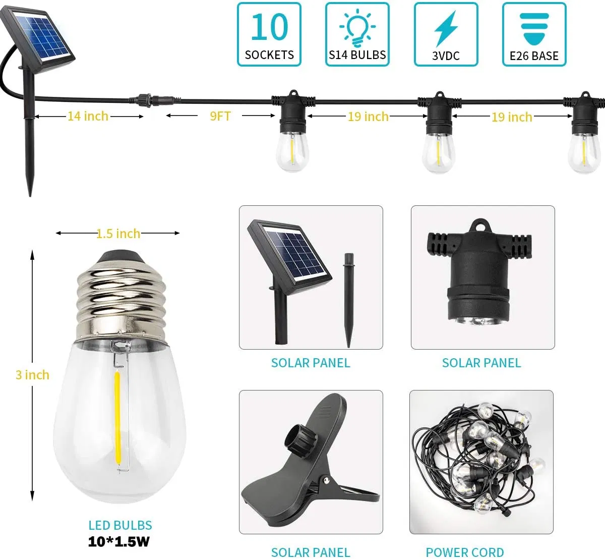 USB Rechargeable Solar Outdoor Patio Light 48FT Solar String Light for Backard Porch Garden Pool