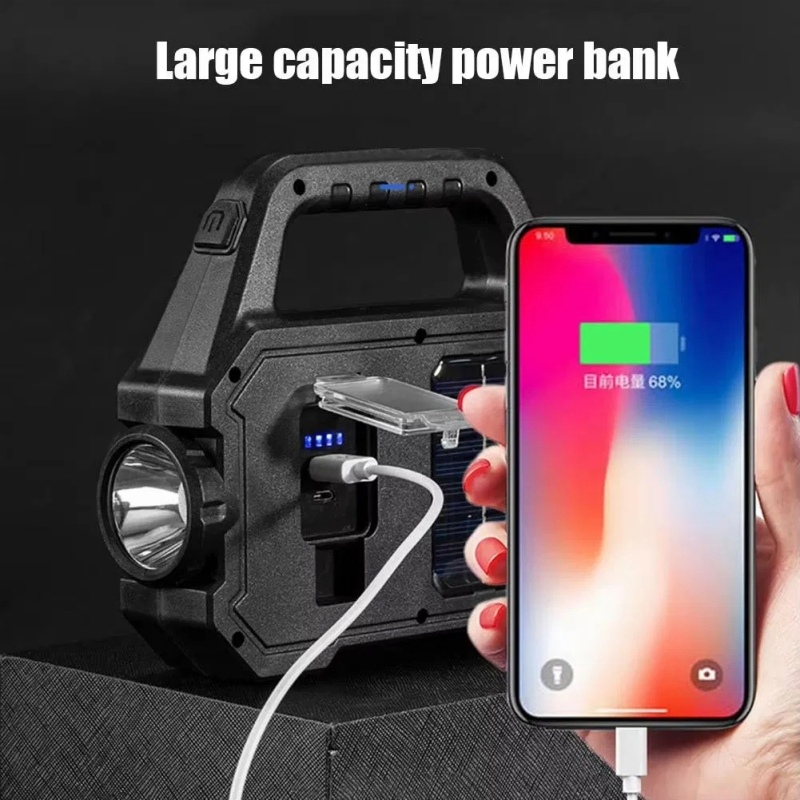 Solar Outdoor Flashlight Rechargeable Handheld Torch Lamps Cell Phone Charger Emergency Searchlight for Home Fishing Camping Hiking