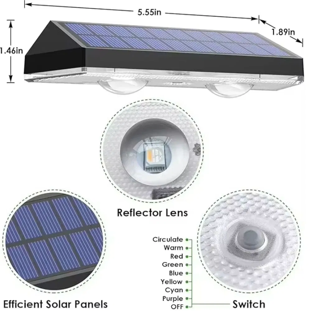 Opulent IP65 Waterproof Warm White RGB Solar Powered Garden Fence Wall Light Outdoor for Outside Backyard Patio Fence Handrail Pool