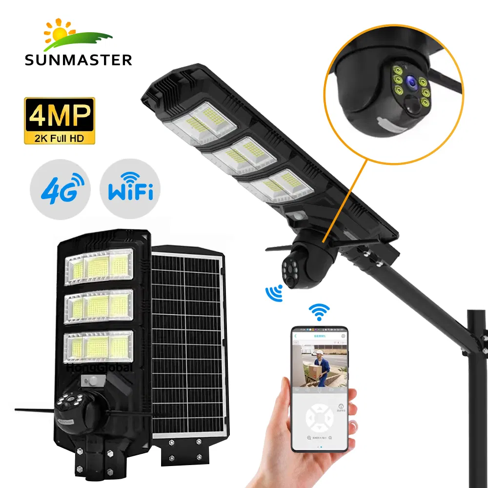 Solar Street Lights Outdoor Waterproof 1000W Lampara De Luz Solar Cá Mara Simulada Realista with CCTV WiFi Camera 4G