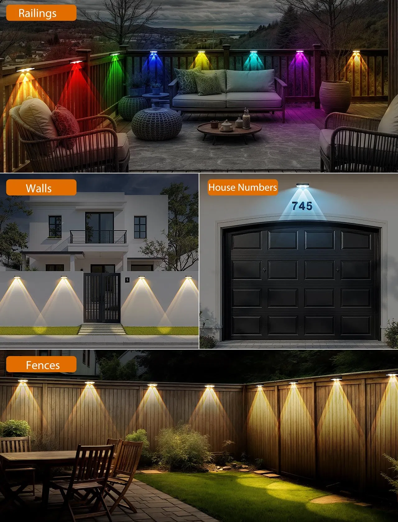 IP65 Waterproof Solar Fence Lights – Dual Pack, Adjustable Light Color for Garden, Porch, Pool Area