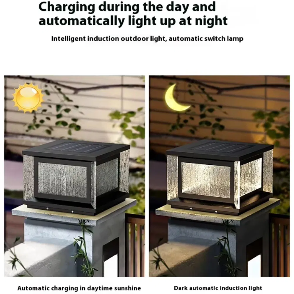 Modern Outdoor Glass Column Light Waterproof Square Garden Fence Main Door LED Pillar Lights Solar Lamp Light