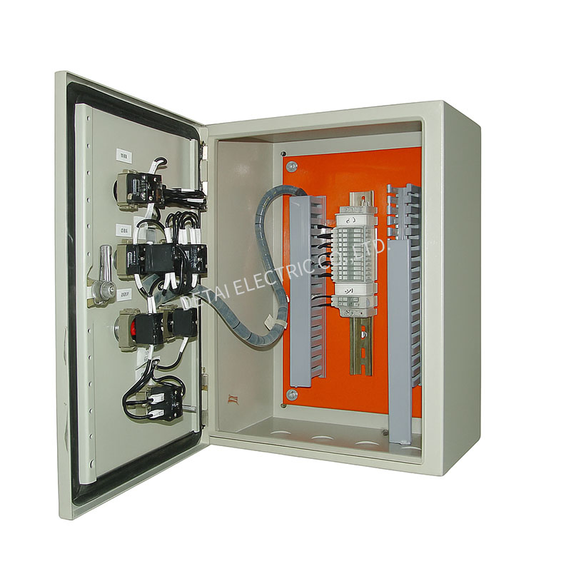Industrial PLC Control Panel Box with HMI Touchscreen and Emergency Stop Button for Automation Systems