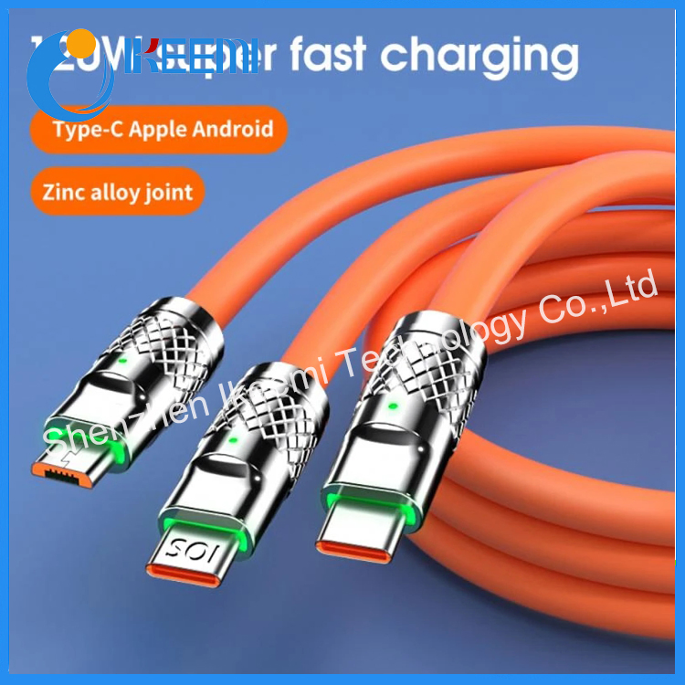 120W Zinc Alloy 3 in 1 Silicone Wire Ultra Fast Charging Data Cable Universal Mobile Phone Charging Cable with LED Indicator