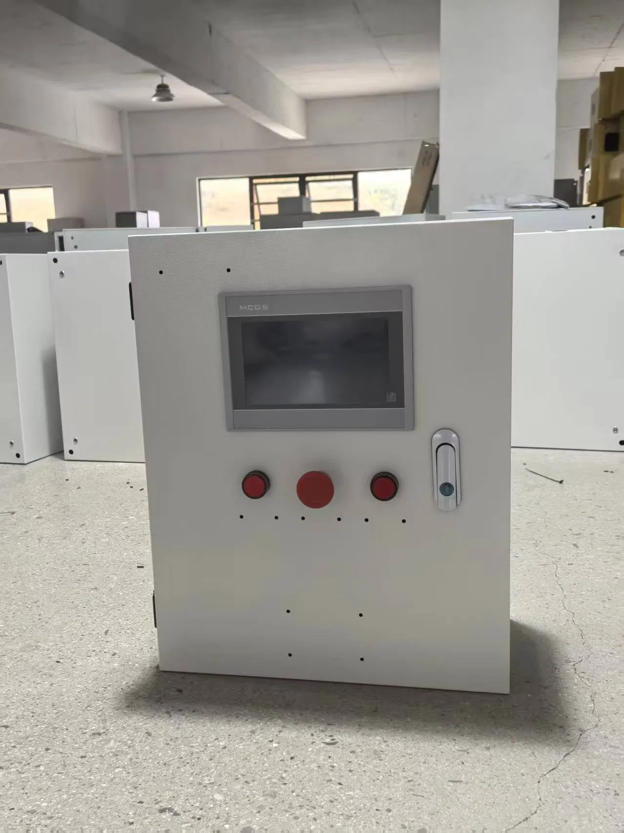 Industrial Control Panel Box with HMI Screen and Emergency Stop Button for Automation Systems