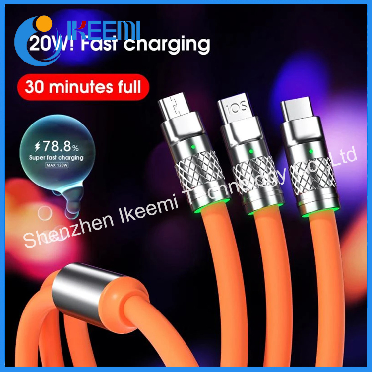 120W Zinc Alloy 3 in 1 Silicone Wire Ultra Fast Charging Data Cable Universal Mobile Phone Charging Cable with LED Indicator