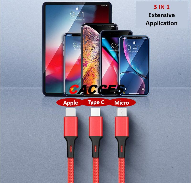 1.2m Mob Phone Cable 3 in 1 Multi Use Fast Charger Cable,Micro USB Type C Lightening Charging Cable,Universal Charging Data Cable, Phone Data Wire Nylon Braided