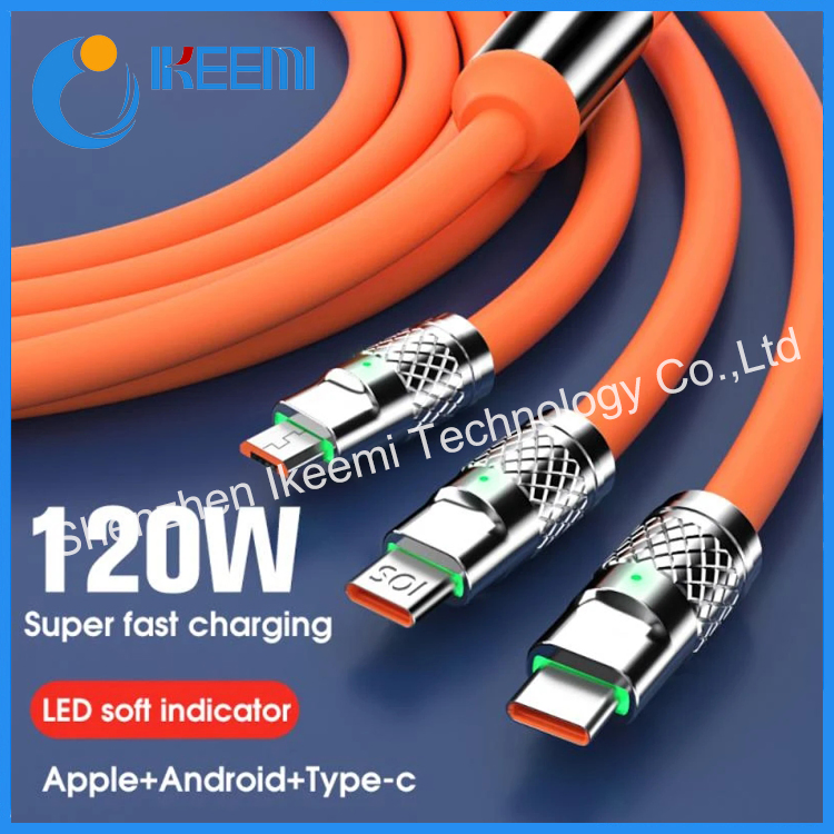 120W Zinc Alloy 3 in 1 Silicone Wire Ultra Fast Charging Data Cable Universal Mobile Phone Charging Cable with LED Indicator