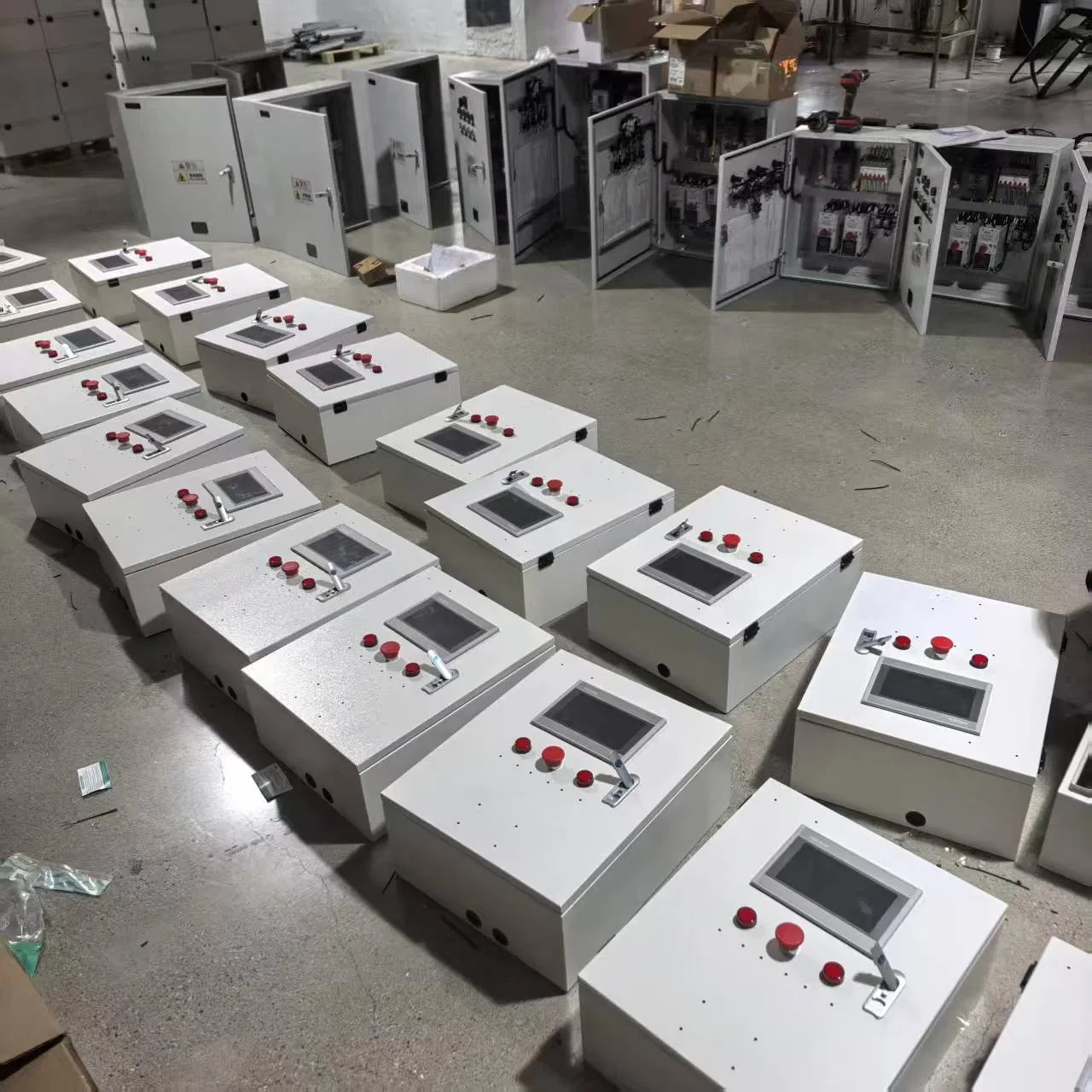 Industrial Control Panel Box with HMI Screen and Emergency Stop Button for Automation Systems