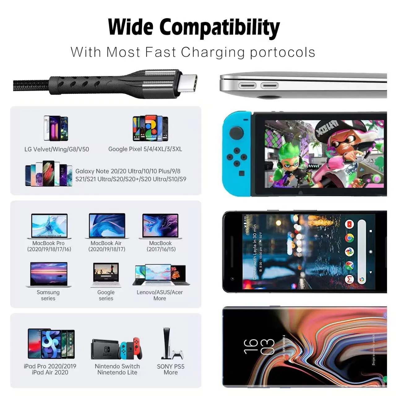 Universal Nylon Braided USB C to C 60W Fast Power Charging Cable Compatible with iPhone