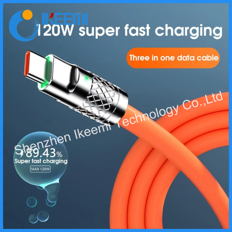 120W Zinc Alloy 3 in 1 Silicone Wire Ultra Fast Charging Data Cable Universal Mobile Phone Charging Cable with LED Indicator