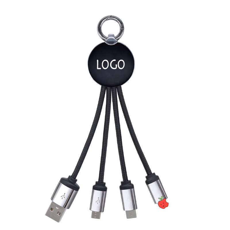 Universal Custom LED Logo Keychain Multiple USB Braided 3 in 1 Charging Cable