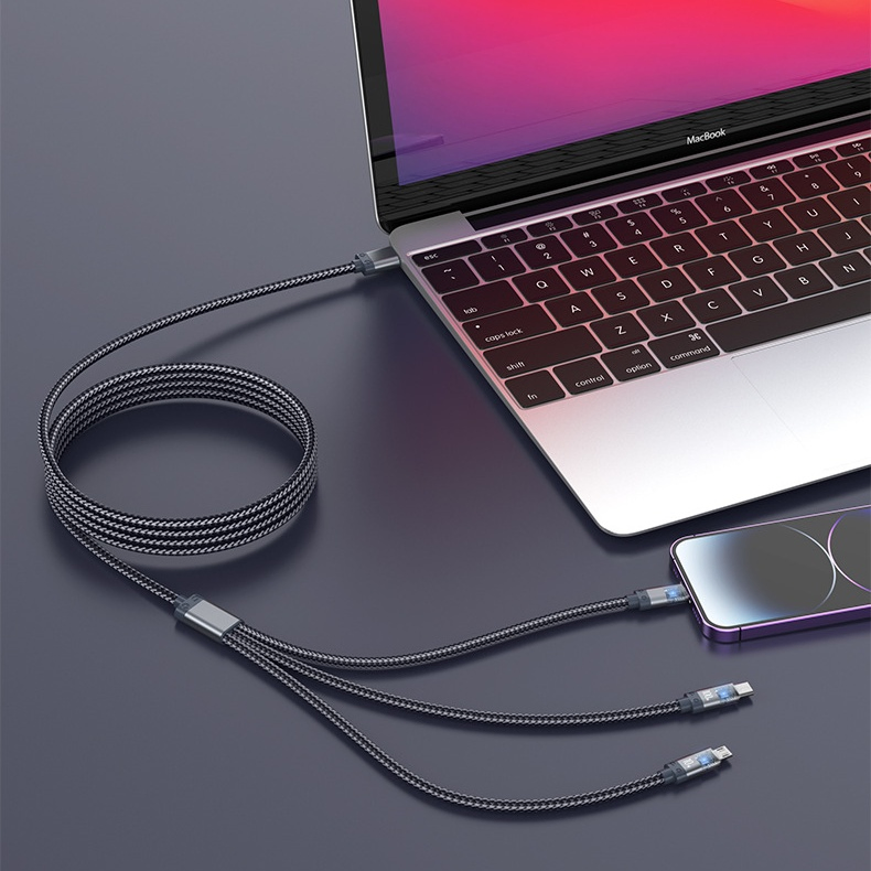 Universal One to Three Super Fast Charging Mobile Phone Data Compatible with Apple Type-C Three in One Charging Cable Lights up