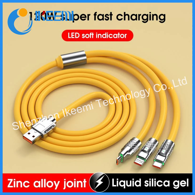 120W Zinc Alloy 3 in 1 Silicone Wire Ultra Fast Charging Data Cable Universal Mobile Phone Charging Cable with LED Indicator