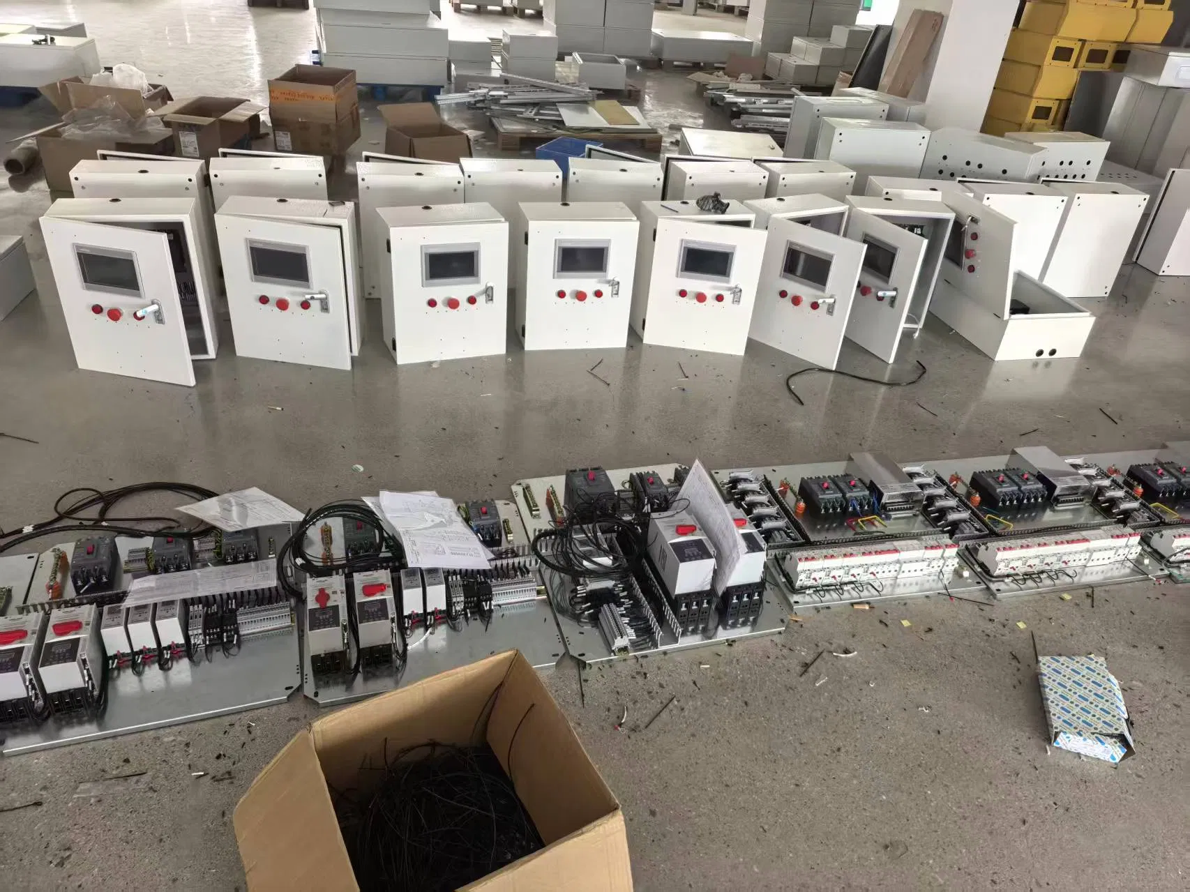 Industrial PLC Control Panel Box with HMI Touchscreen and Emergency Stop Button for Automation Systems