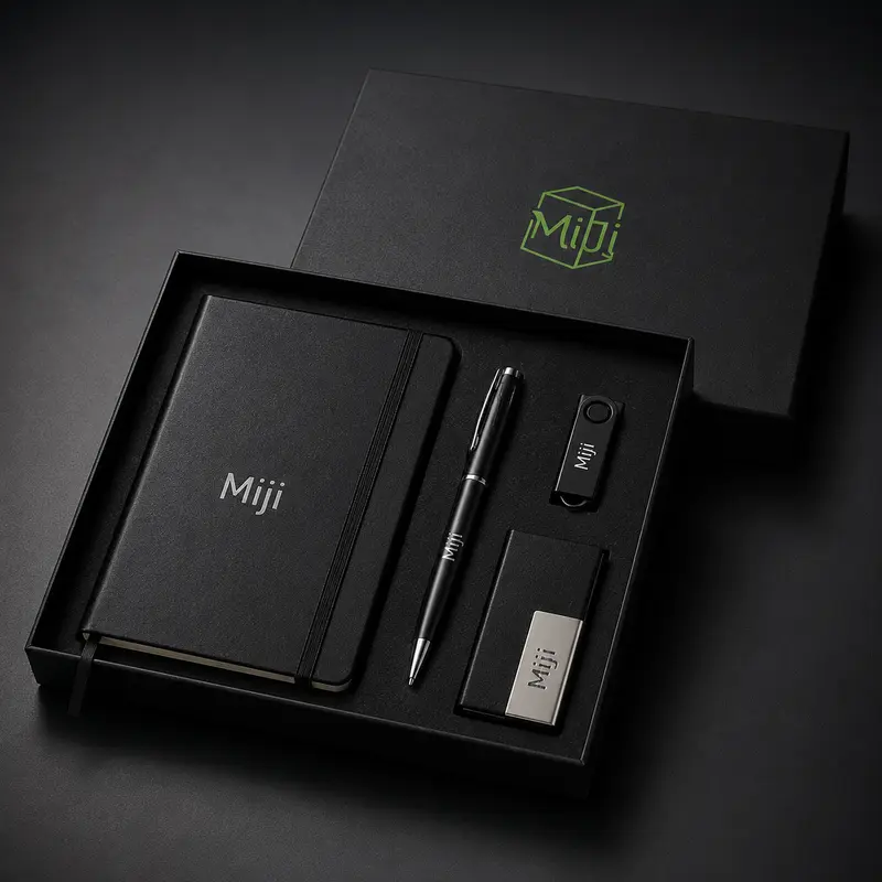 Custom Black Executive Gift Set with Notebook, Pen, USB Drive and Card Holder