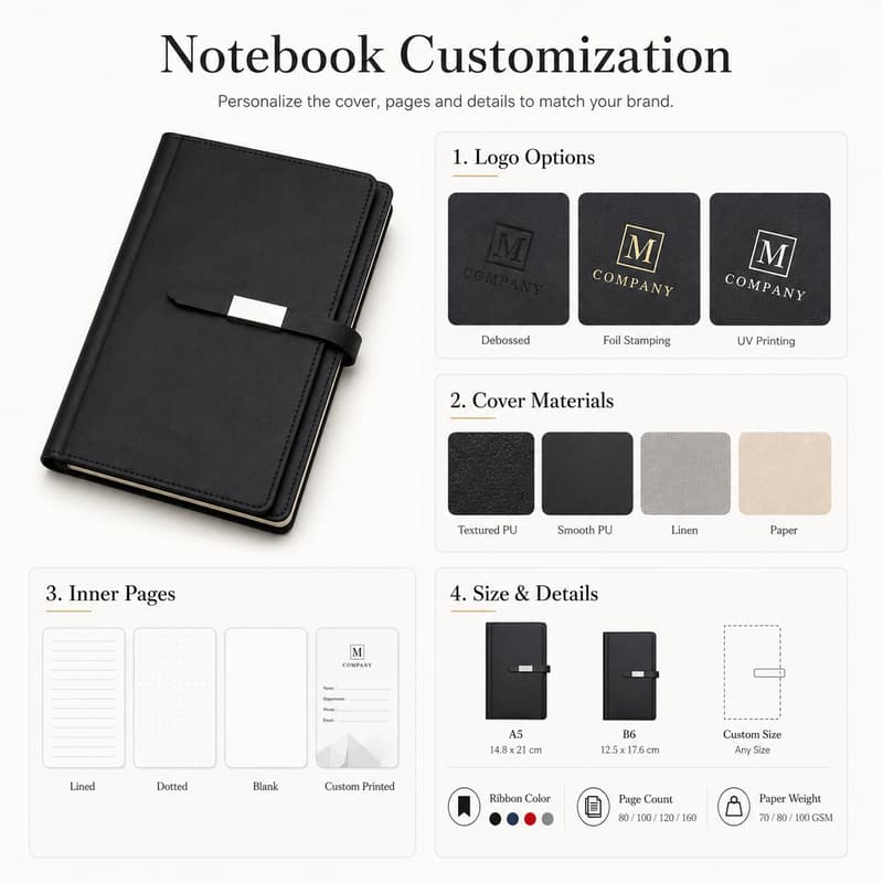 Notebook customization options for logo, cover materials, inner pages, size and details