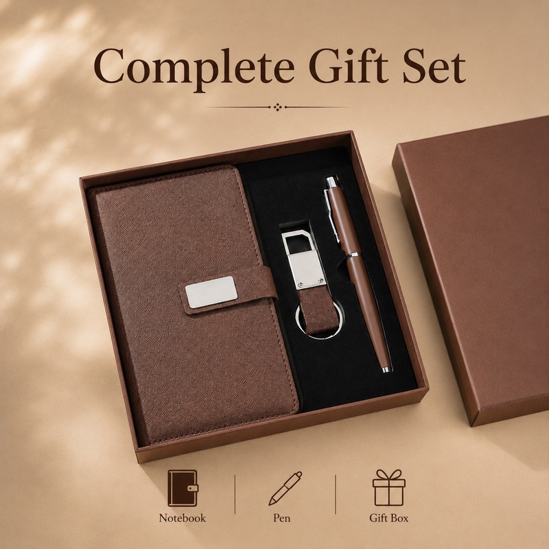 Complete compact gift set with notebook, pen, keychain and gift box