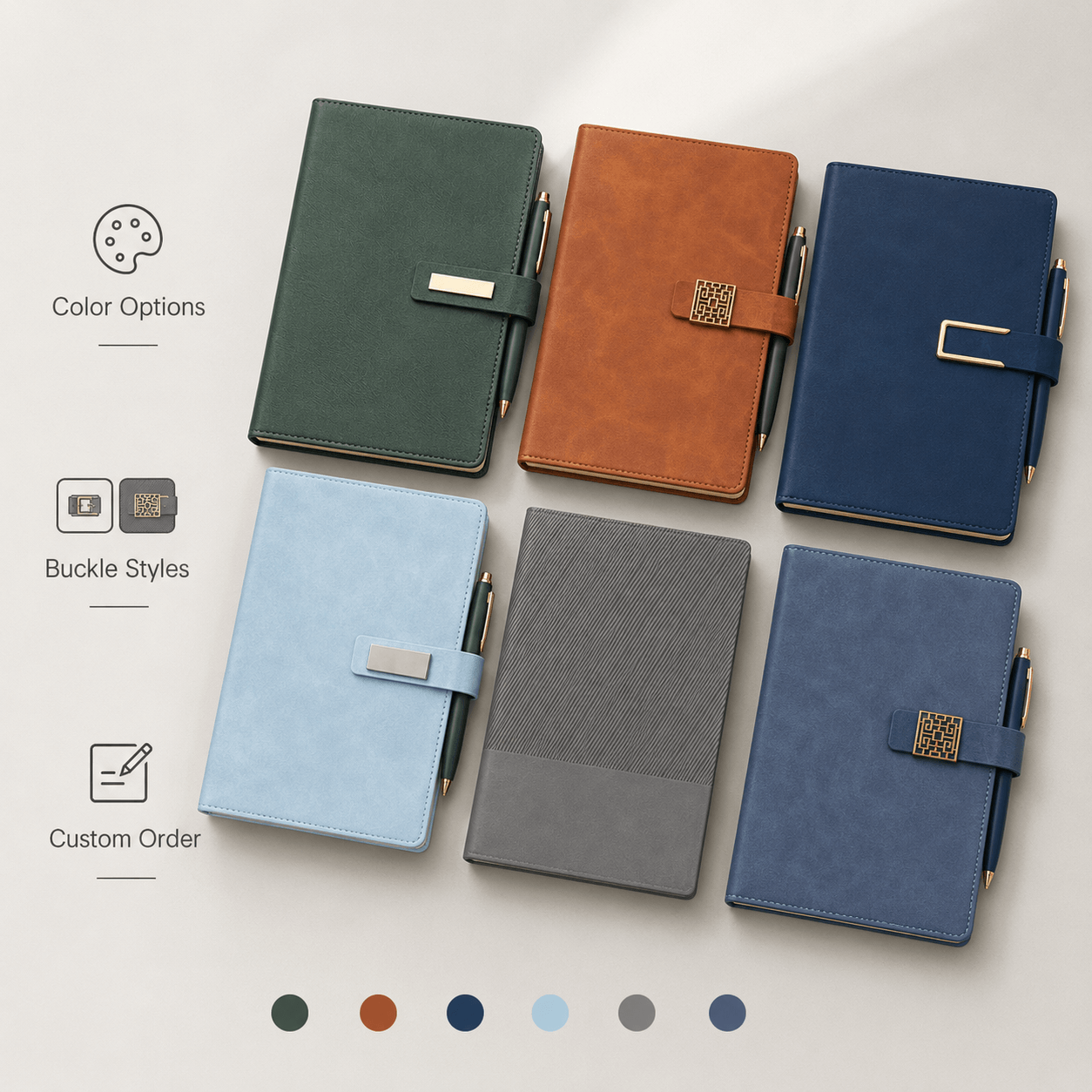 Color options buckle styles and custom order display for business notebook